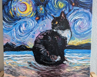 Tuxedo Cat Night II by Aja Trier • Van Gogh Inspired Starry Night Beach Scene