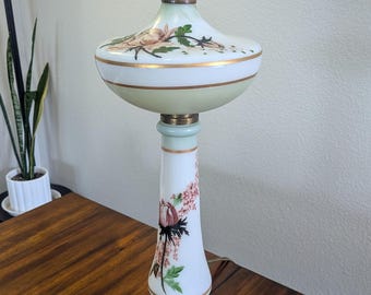 Early-Mid 19th Century Victorian Milk Glass Table Lamp | Hand-Painted Pastel Roses | Gold & Brass Accents