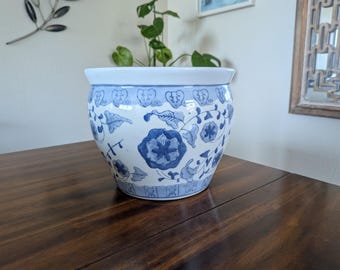 Porcelain Chinoiserie Fishbowl Pot | Blue White Floral | Greek Key Boarder