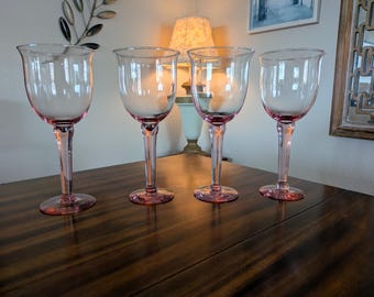 Pink Handblown Glass Wine Goblets • Thick Stemmed • Vintage Set of 4 • Large, 9.5"