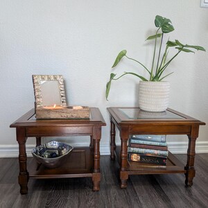 Pair Of Mid Century 1970s Wood End Tables with Cane Shelf & Glass Tops • 18x18x15