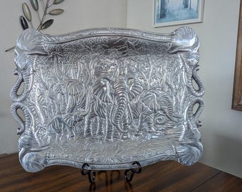Pewter Elephant Platter • Embossed Jungle Safari • Ready to Hang  Vintage Wall Art • 18"