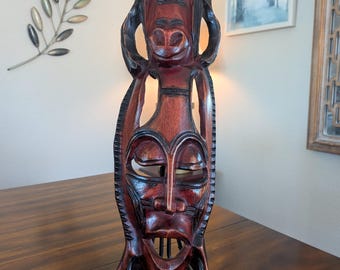African Makonde Style Double-Face Totem Mask • Vintage Hand-Carved • 16"