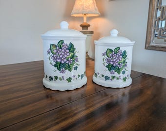 Vintage Violet and Ivy Ceramic Canister Set | 2 Piece | Purple Flower Canisters