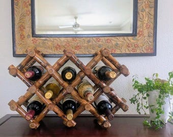 Vintage Accordion Bamboo 10 Bottle Wine Rack, Tortoise Shell Burnt, 23x9.5x16