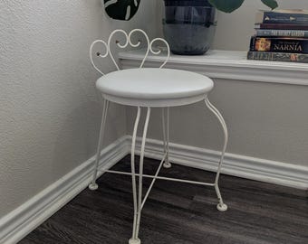 White Wire Metal Vanity Stool • Peacock Scroll Backrest • Vintage Mid-Century Modern Chair
