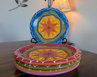 Carynthum Boho Pattern Hand-Painted Ironstone Salad Plates • Vintage Pier 1, Set of 4 • 8"