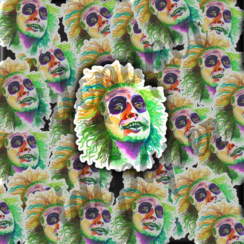 May include: A repeating pattern of colorful stickers featuring a cartoon character with green hair and a wide, toothy grin. The character is painted in shades of green, blue, purple, and yellow.