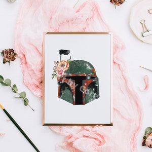 Boba Fett Floral Helmet Print: Star Wars Nursery Art