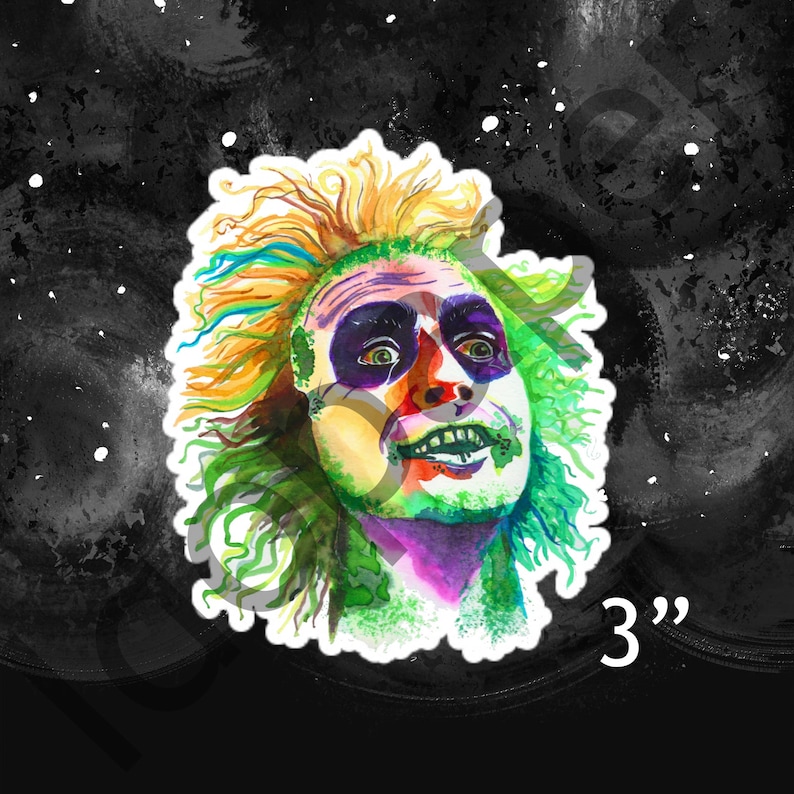 May include: A colorful watercolor illustration of a character from the movie "The Nightmare Before Christmas". The character has green skin, wild hair, and a surprised expression. The illustration is 3 inches tall.