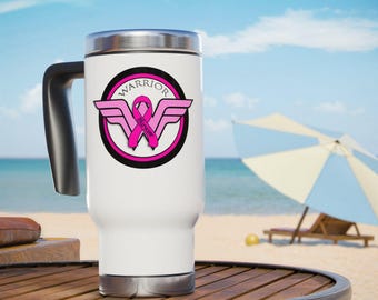 Pink Ribbon Warrior Survivor | Roestvrijstalen reismok van 14 oz met handvat