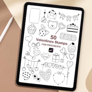 May include: A digital tablet screen displaying 50 Valentines Stamps for Procreate, featuring black line art illustrations of hearts, cupcakes, gifts, envelopes, and the text 50 Valentines Stamps FOR PROCREATE with a Procreate app icon.