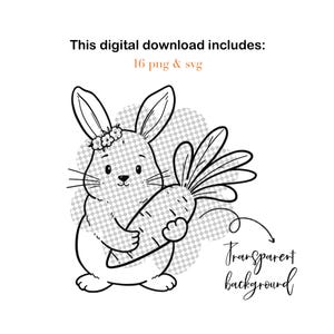 May include: Black and white digital download featuring a cartoon bunny holding a carrot. The bunny wears a floral crown and is set against a transparent background. Text reads: "This digital download includes: 16 png & svg" and "Transparent background."