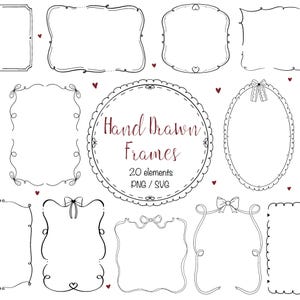 Hand Drawn Frames SVG, Borders Clipart, Wavy Sguiggle Doodle Frame PNG, Whimsical Frames, Ribbon Bows Wedding Invitation Frames