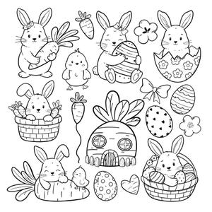 May include: Black and white line art illustrations of Easter-themed elements. The image includes bunnies, chicks, carrots, Easter eggs, flowers, a bow, and a carrot-shaped house. The illustrations are suitable for coloring or crafting projects.