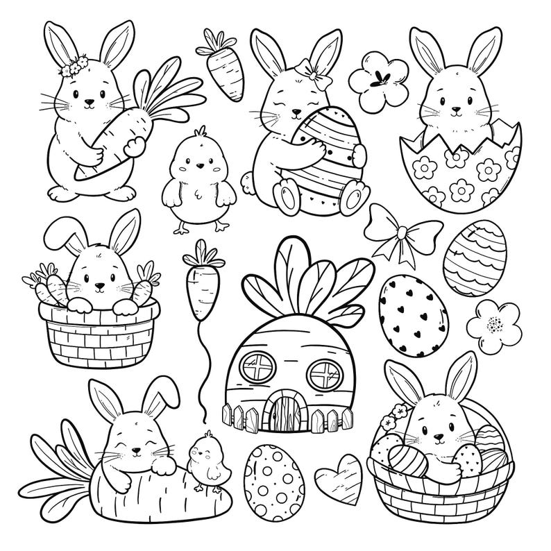 May include: Black and white line art illustrations of Easter-themed elements. The image includes bunnies, chicks, carrots, Easter eggs, flowers, a bow, and a carrot-shaped house. The illustrations are suitable for coloring or crafting projects.