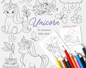 Unicornios SVG PNG, diseños de contornos vectoriales de fantasía, páginas para colorear PDF, descarga digital