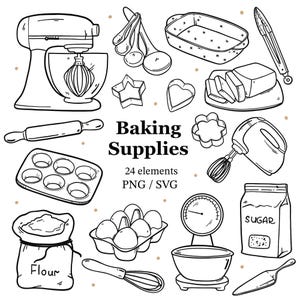 May include: Black and white line art illustration of baking supplies, including a stand mixer, measuring spoons, a baking pan, cookie cutters, butter, a rolling pin, a muffin tin, a bag of flour, eggs, a scale, sugar, and a whisk. Text reads "Baking Supplies".