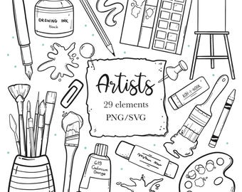 May include: Black and white illustration of artist supplies. Includes a pen, ink bottle, pencil, paint palette, brushes, paint tube, and a canvas on an easel. The text "Artists" and "29 elements PNG/SVG" are also present.
