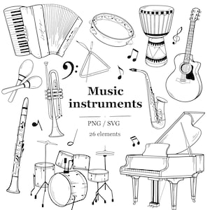 Musical Instruments Clipart, Music SVG PNG, Hand Drawn Clipart, Percussion Instruments PNG, Black Line Drawn, Orchestra Download Print