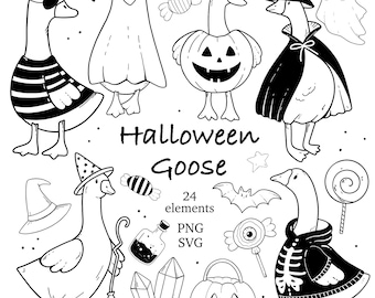 Halloween Silly Goose Clipart, Geese in Costume PNG SVG, Funny Doodles Art, Digital Download