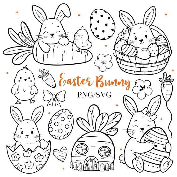 Easter Bunny Line Art Clipart Set, Spring Animals Coloring Pages(PNG, SVG Digital Download)