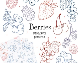May include: A collection of hand-drawn berry illustrations in red and blue, including raspberries, blueberries, strawberries, and cherries. The word "Berries" is displayed with "PNG/SVG patterns" below.