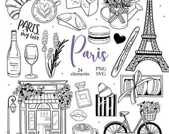 Hand Drawn Paris Clipart, Travel French Line Art PNG SVG (Digital Download)