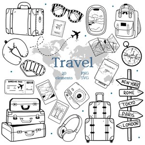 Op de afbeelding: Zwart-wit illustratie met reisthema-elementen. Bevat koffers, zonnebrillen, paspoort, kaart, camera, koptelefoon en een wegwijzer. Het woord "Travel" staat in het midden van de afbeelding.