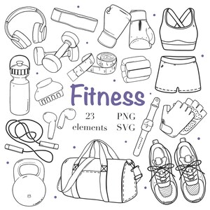 Può includere: Illustrazione in bianco e nero di attrezzature per il fitness, tra cui manubri, guantoni da boxe, un reggiseno sportivo, pantaloncini, una borsa da palestra e scarpe da ginnastica. La parola "Fitness" è in viola, con "23 elementi PNG SVG".