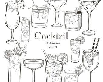 May include: Line art illustration of various cocktails, including a margarita, martini, and highball. The word "Cocktail" is written in a decorative font, along with the text "14 elements SVG/JPG".