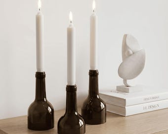 Candle Holders Set, 3pc – Handmade from Recycled Wine Bottles, Eco-Friendly Home Decor, Sustainable Gift