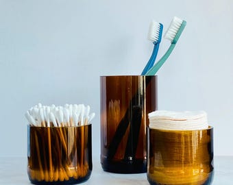 3-Piece Bathroom Set – Toothbrush Holder, Cotton Pad Jar, Amber Glass Organizer