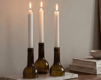 Set of 3 Upcycled Wine Bottle Candle Holders, Eco-Friendly Minimalist Decor