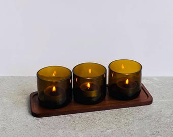 Handmade Amber Glass Tealight Holder Set: Upcycled Candle Holders with Wooden Tray