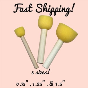 May include: Three yellow foam paint applicators with wooden handles. The applicators are 0.75 inches, 1.25 inches, and 1.5 inches in diameter.