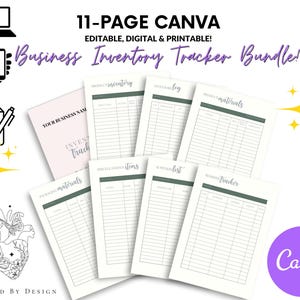 May include: An 11-page Canva business inventory tracker bundle. The pages are editable, digital, and printable. The pages include sections for product inventory, materials, expenses, and a packing list.