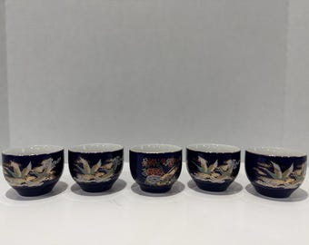 Vintage MCI Japan Tea Cup Sake Set Of 5 Blue Gold Peacock Crane Cherry Blossom