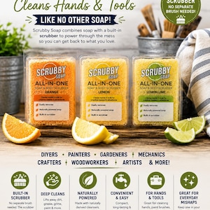 May include: Three rectangular Scrubby Soap bars in orange, lemon, and lemon-lime scents, each featuring a built-in scrubber. The packaging displays the text Scrubby Soap All-In-One Soap & Body Scrubber, with icons and text detailing cleaning benefits.
