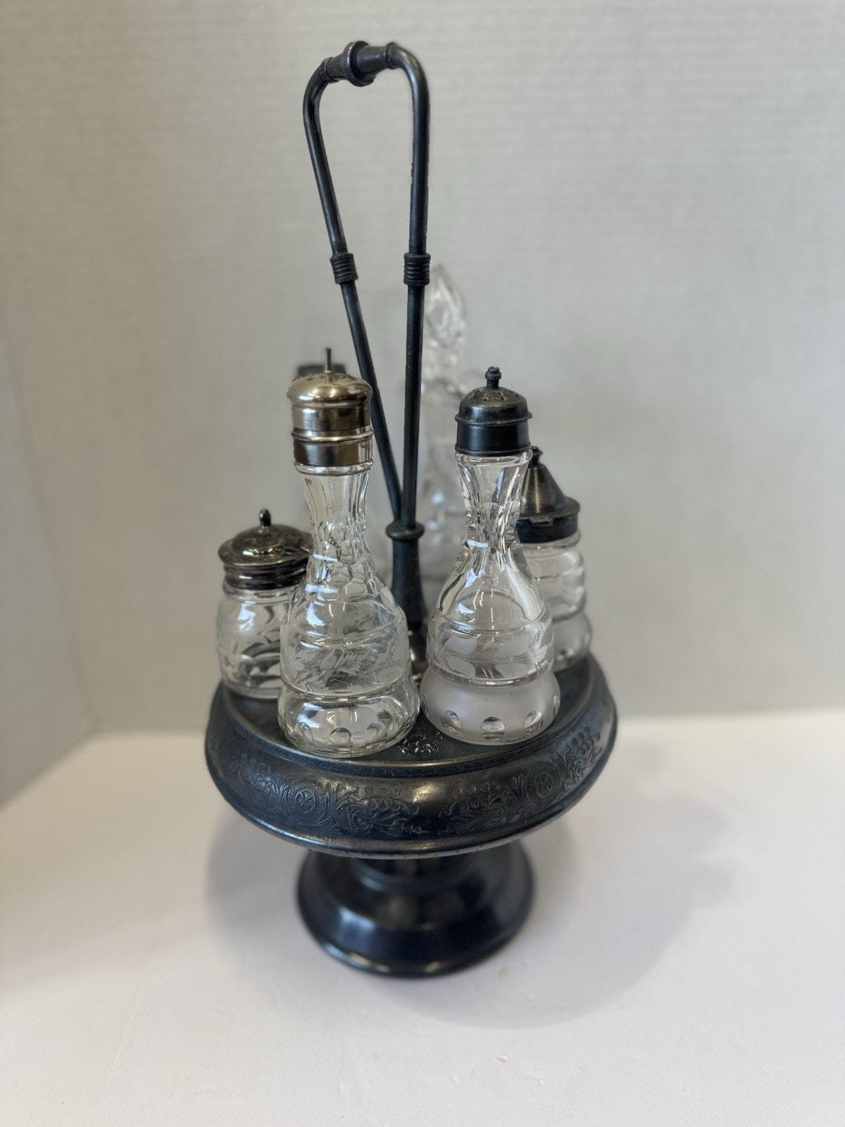 19th Century 16 Inch 6-Piece Cruet Set Silver Plated Condiment Castor Cut Glass