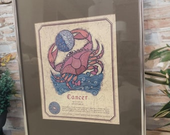 1960s Boho Vintage Professionally Mounted Cancer Zodiac Wall Art In Frame Wire Hanger Mid Century