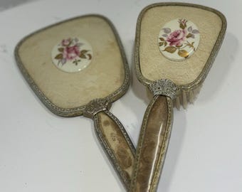 VTG Regent of London Handheld Mirror & Brush Set Embroidery Floral Design Vanity