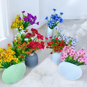 15 Bundles in 15 Colors – Mixed Fabric and Plastic UV-Resistant Artificial Flowers – Outdoor & Indoor Colorful. 14x6x6 inch and 14x5x5 inch
