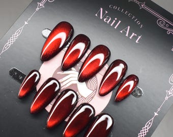 Red Cat-eye Almond Press-on Nails, Elegant Party Nails