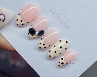 Handmade Milky Pink Almond Press On Nails – Beige Polka Dot, 3D Bow