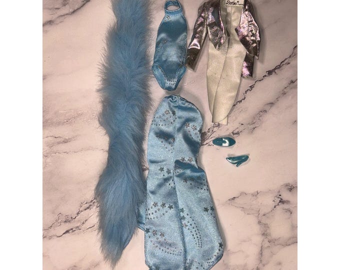 Featured listing image: Vintage 1988 Barbie Super Star Broadway Star Dress Blue Outfit Fur Wrap 3308