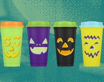New Limited Edition Starbucks 2024 Glow in Dark Reusable Pumpkin Face Hot Cups