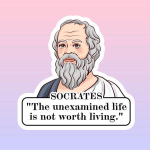 Sticker Socrate étanche, sticker philosophe, sticker vie non examinée, pensée critique, connaissance de soi, motivation, Grèce antique
