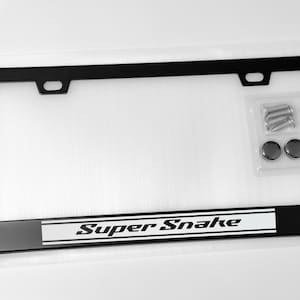 Shelby Super Snake Style Stripes License Plate Frame | White | Racing | Premium Black Metal