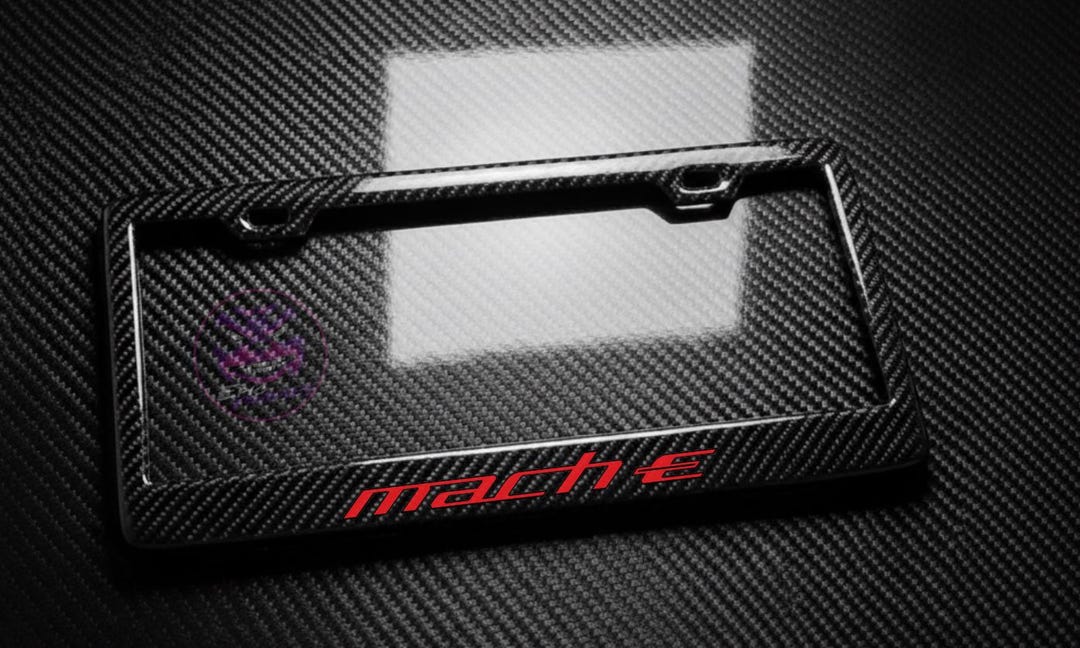 Red Mustang Mach E Style License Plate Frame – Premium Carbon Fiber Look, Black, Front Or Rear
